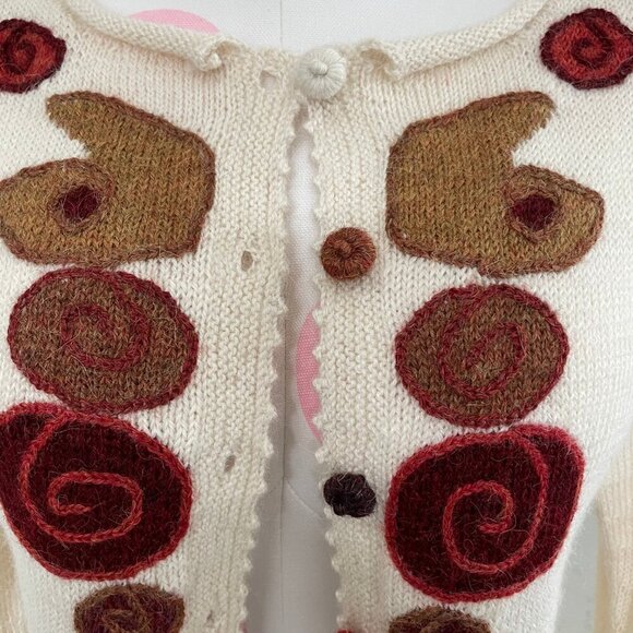 Quipu 100% Baby Alpaca Scoop Nk Knit Cardigan Funky Retro Vibes Cream Multi XS/S - Picture 4 of 12